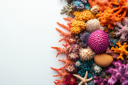 Colorful corals are arranged along one side against a plain white backdrop, highlighting marine biodiversity.の写真素材