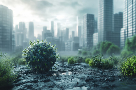 A virus model sits on cracked earth surrounded by overgrown vegetation in an empty urban setting.の写真素材