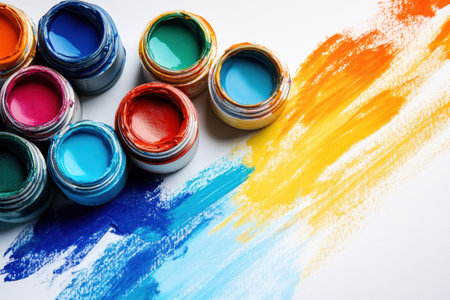 Various paint pots display vivid colors next to bold brush strokes on a clean white surface.の写真素材