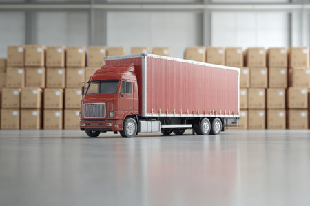A red freight truck stands in a spacious warehouse surrounded by many stacked cardboard boxes.の写真素材