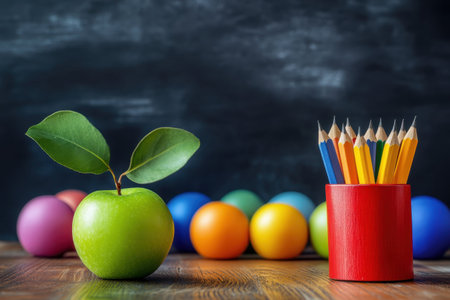 An arrangement of colorful pencils next to a green apple and bright balls enhances a creative classroom environment.の写真素材