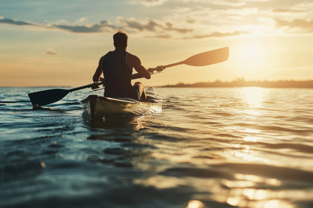 A person in a kayak navigates tranquil waters during sunset, surrounded by stunning colors and reflections.の写真素材