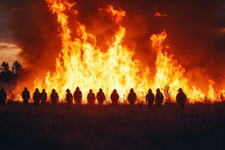 Firefighters silhouetted by flames at sunset conduct a controlled burn for wildfire management.の写真素材
