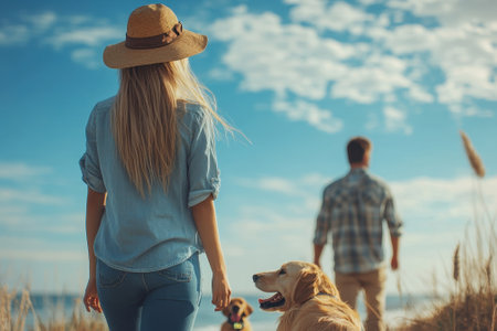 A woman with long hair and a hat walks two dogs on a beach while a man strolls nearby, enjoying the sunset.の写真素材