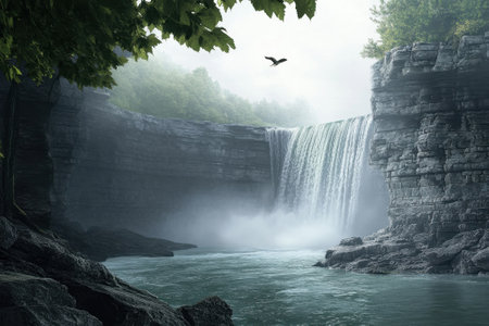 Powerful waterfall tumbles into a tranquil river surrounded by lush greenery and rocky formations.の写真素材