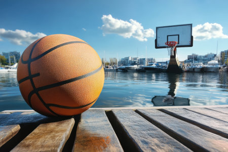 A basketball lies on wooden planks next to a basketball hoop overlooking a serene waterfront with boats.の写真素材
