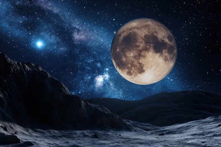 A full moon casts a glowing light over a rugged lunar surface while countless stars twinkle in the vast night sky.の写真素材