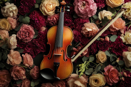 A beautifully crafted violin lies atop a variety of blooming roses, showcasing rich colors and textures.の写真素材