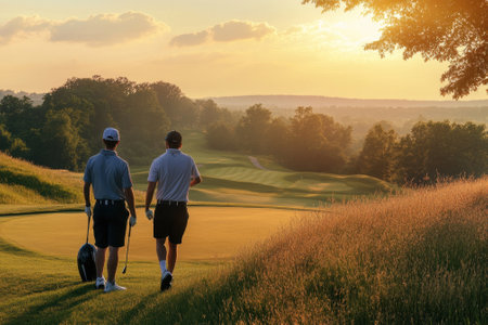 Two men stroll along a golf course at sunset, surrounded by lush greenery and gentle hills in the background.の写真素材