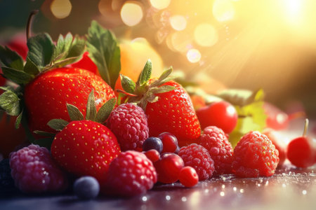 A colorful display of strawberries, raspberries, and blueberries illuminated by warm sunlight.の写真素材