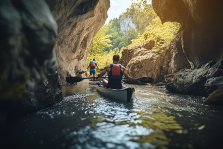Kayakers navigate a serene river canyon while enjoying nature's beauty during a sunny day.の写真素材