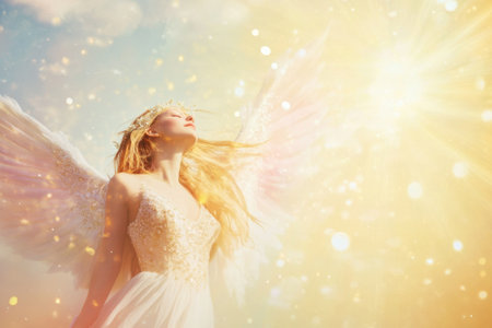 A woman with angelic wings stands in sunlight, relaxing and embracing the warm glow of a picturesque sky.の写真素材