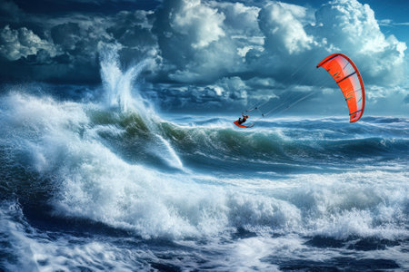 A kitesurfer skillfully navigates turbulent waves on a cloudy day, showcasing thrilling water sports.の写真素材