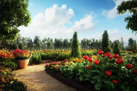Colorful flowers flourish in a garden with leafy trees and blue skies, creating a peaceful retreat.の写真素材