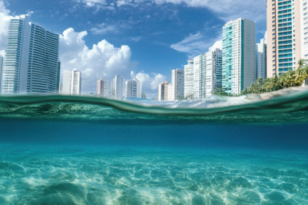 Bright blue waters reveal the vibrant urban landscape of tall buildings along the coastline.の写真素材