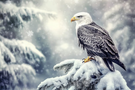 A bald eagle stands majestically on a snow-covered branch amidst softly falling snowflakes in winter.の写真素材
