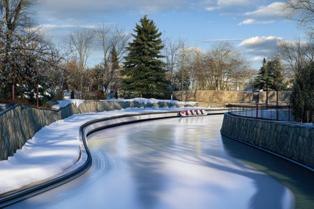 People enjoy tubing on a snow-covered frozen waterway lined with trees under a sunny winter sky.の写真素材