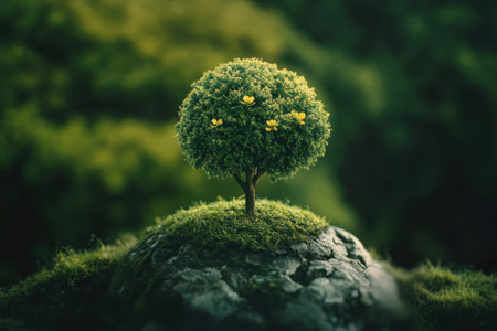 A small lush tree with yellow blossoms stands prominently on a mossy rock, showing nature's beauty and serenity.の写真素材