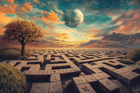 A surreal maze with carved symbols stretches across an arid landscape beneath a colorful sunset and a large planet.の写真素材