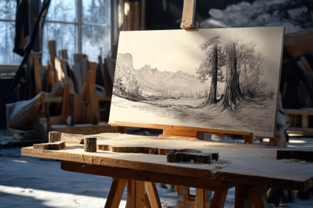A detailed sketch on an easel features mountains and trees, illuminated by soft sunlight in a spacious studio.の写真素材