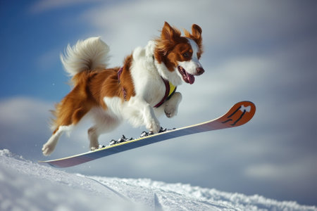 A dog is skiing down a snow-covered slope, showing excitement and agility in play.の写真素材