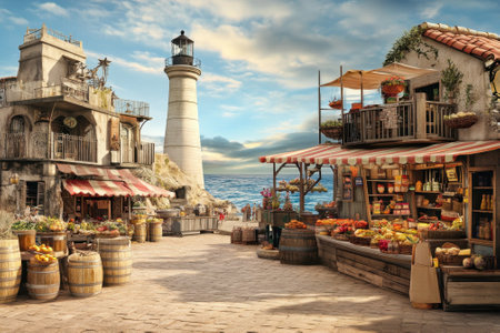 A vibrant seaside marketplace features fresh produce and a historic lighthouse at sunset, creating a picturesque view.の写真素材