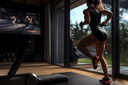 A woman runs on a mat in her home gym, following an online workout displayed on a large screen.の写真素材
