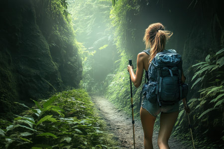 A young woman walks along a forest path surrounded by tall greenery and morning mist, enjoying nature.の写真素材