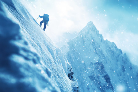 A determined climber navigates a steep snowy mountain with snowfall, showcasing winter sports and adventure.の写真素材