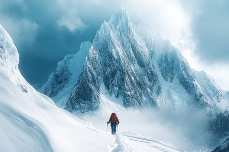 A lone adventurer ascends a snowy trail, heading toward majestic peaks enveloped by clouds.の写真素材