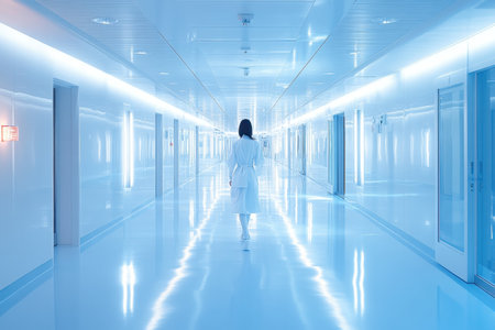 A healthcare worker in a white coat walks through a brightly lit, modern hospital hallway.の写真素材