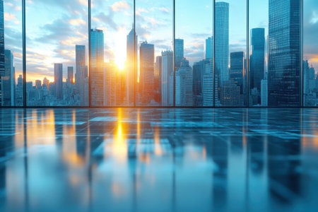 A panoramic view captures a vibrant sunset illuminating skyscrapers as day turns to night.の写真素材