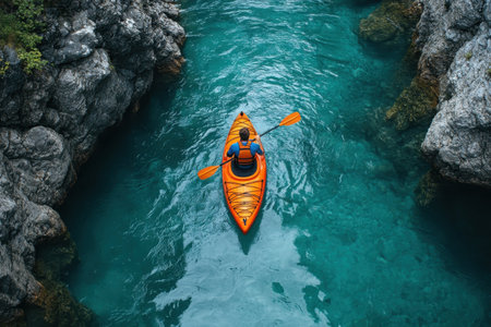 A kayaker navigates turquoise waters surrounded by rocky cliffs on a sunny day, enjoying nature's tranquility.の写真素材
