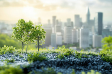 Lush greenery atop a hill contrasts with a blurred city skyline bathed in warm sunset light.の写真素材