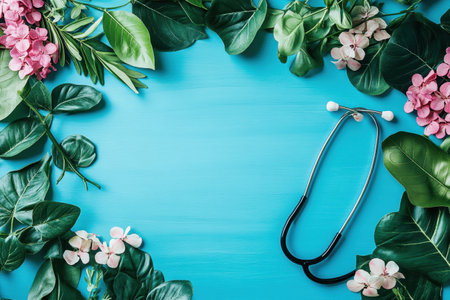 A stethoscope rests on a blue surface, surrounded by greenery and flowers, evoking a calming vibe.の写真素材