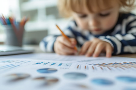 A child focused on drawing colorful graphs and charts at a wooden table in a bright, cheerful room.の写真素材