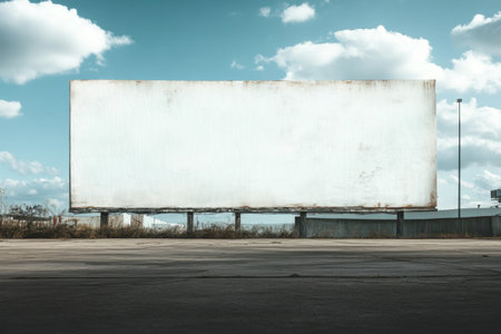 A blank billboard looms over a barren parking lot, surrounded by tall grass and scattered clouds.の写真素材