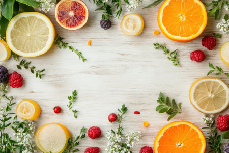 Colorful citrus slices and berries are artfully arranged on a rustic wooden table, enhancing a lively atmosphere.の写真素材