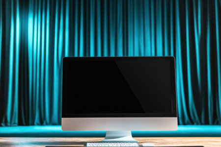 A sleek computer sits on a wooden desk, facing blue curtains that create a serene atmosphere in a workspace.の写真素材