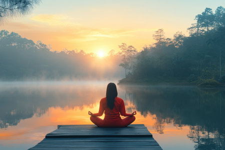 A person meditating on a wooden dock as the sun rises over a calm lake and misty trees.の写真素材