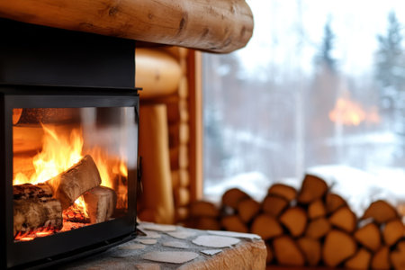 Warm flames flicker in a modern fireplace, contrasting with the snowy outdoors visible through the window.の写真素材