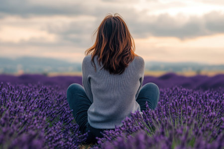 A woman sits cross-legged in a blooming lavender field, appreciating the colorful landscape at sunset.の写真素材