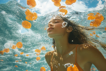 A young woman experiences the beauty of underwater life while surrounded by vibrant orange jellyfish.の写真素材