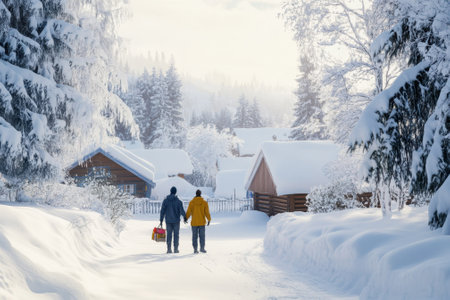 Two individuals stroll along a snowy path in a serene village, surrounded by snow-laden trees and houses.の写真素材