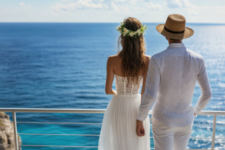 A bride and groom stand together on a balcony, gazing out at the beautiful ocean on a sunny day.の写真素材