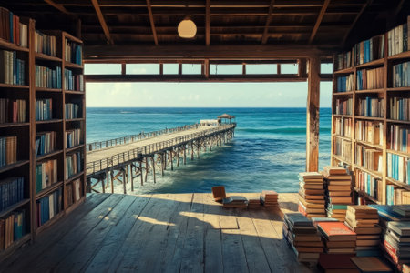 A serene library with bookshelves overlooks a stunning ocean view and pier, creating a peaceful reading space.の写真素材