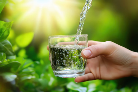 A hand is pouring clear water into a glass amidst vibrant greenery, illuminated by sunlight.の写真素材