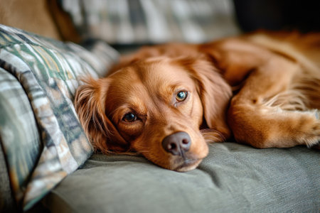 A golden retriever lies comfortably on a couch, enjoying a peaceful moment in a cozy living room.の写真素材