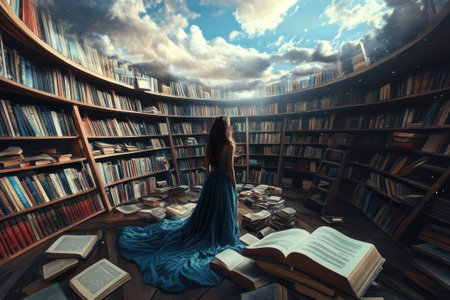 A figure in a flowing blue dress stands amidst scattered books in a vast, enchanting library with a dramatic sky.の写真素材