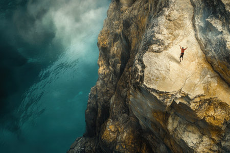 A climber enjoys the breathtaking view from a high cliff edge over a serene turquoise ocean while surrounded by mist.の写真素材